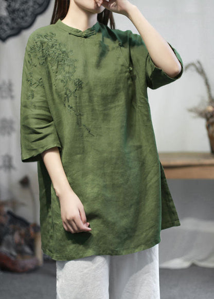 Green Stand Collar Embroideried Linen Tops Half Sleeve