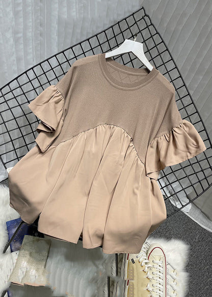Black Patchwork Loose Chiffon Tops O Neck Flare Sleeve