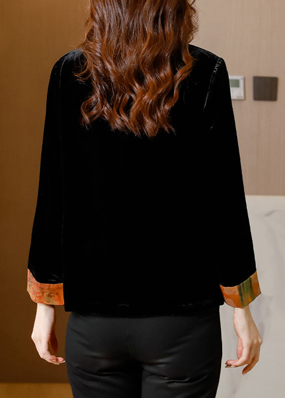 Black V Neck Print Patchwork Button Silk Velour Coats Fall
