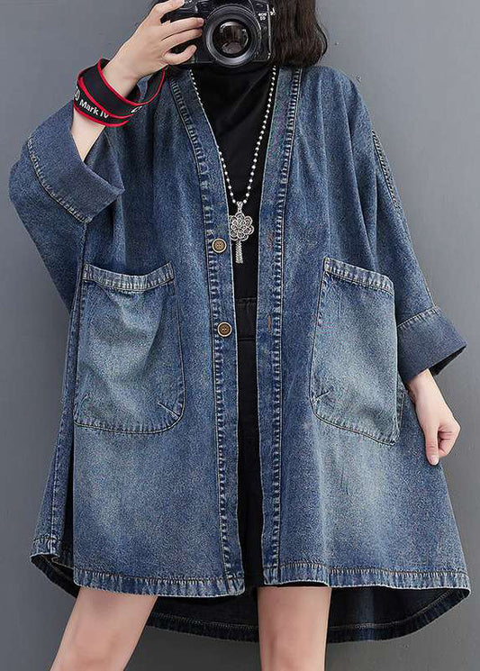 Blue V Neck Pockets Denim Coats Fall