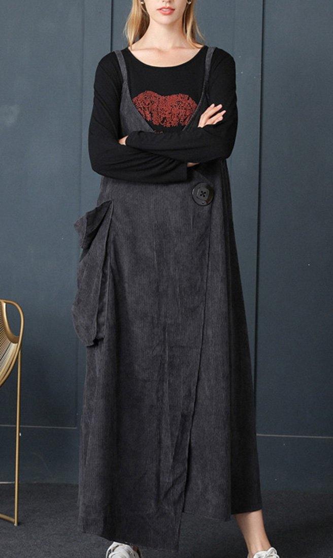 Grey Asymmetrical Design Corduroy Cotton Sundress
