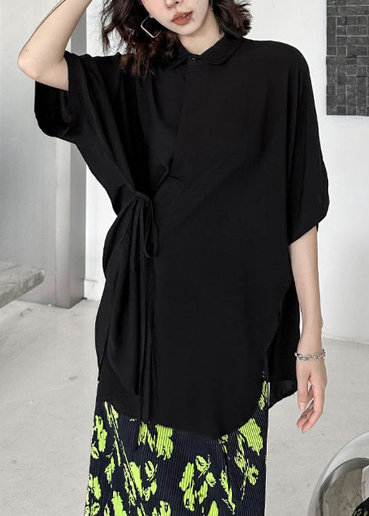 Black Asymmetrical Lace Up Patchwork Cotton Shirt Batwing Sleeve