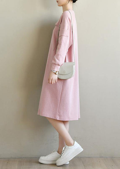 French Pink Patchwork Cotton Long Sleeve Spring Vacation Dresses