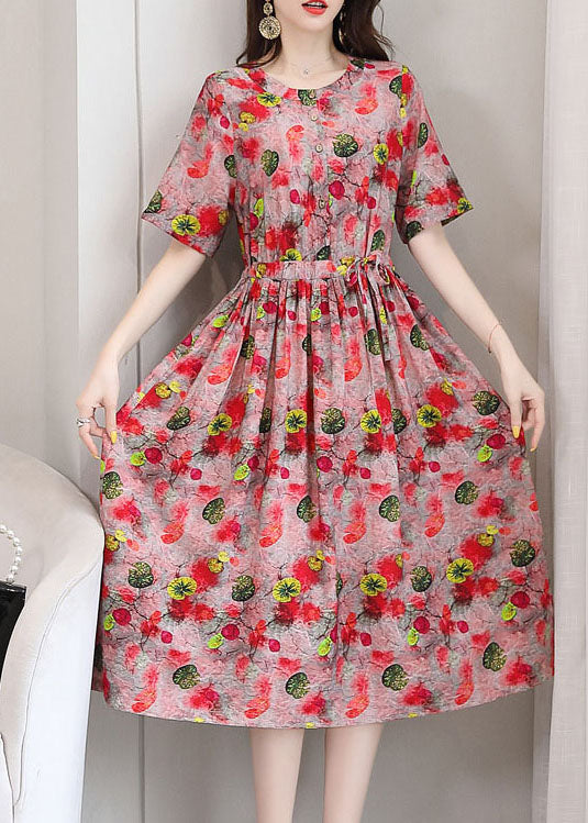 Red O-neck Print Linen Cinch Dresses Short Sleeve