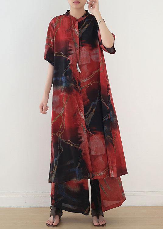 Classy Red Print Chiffon Short Sleeve Top Pant Two Pieces Set