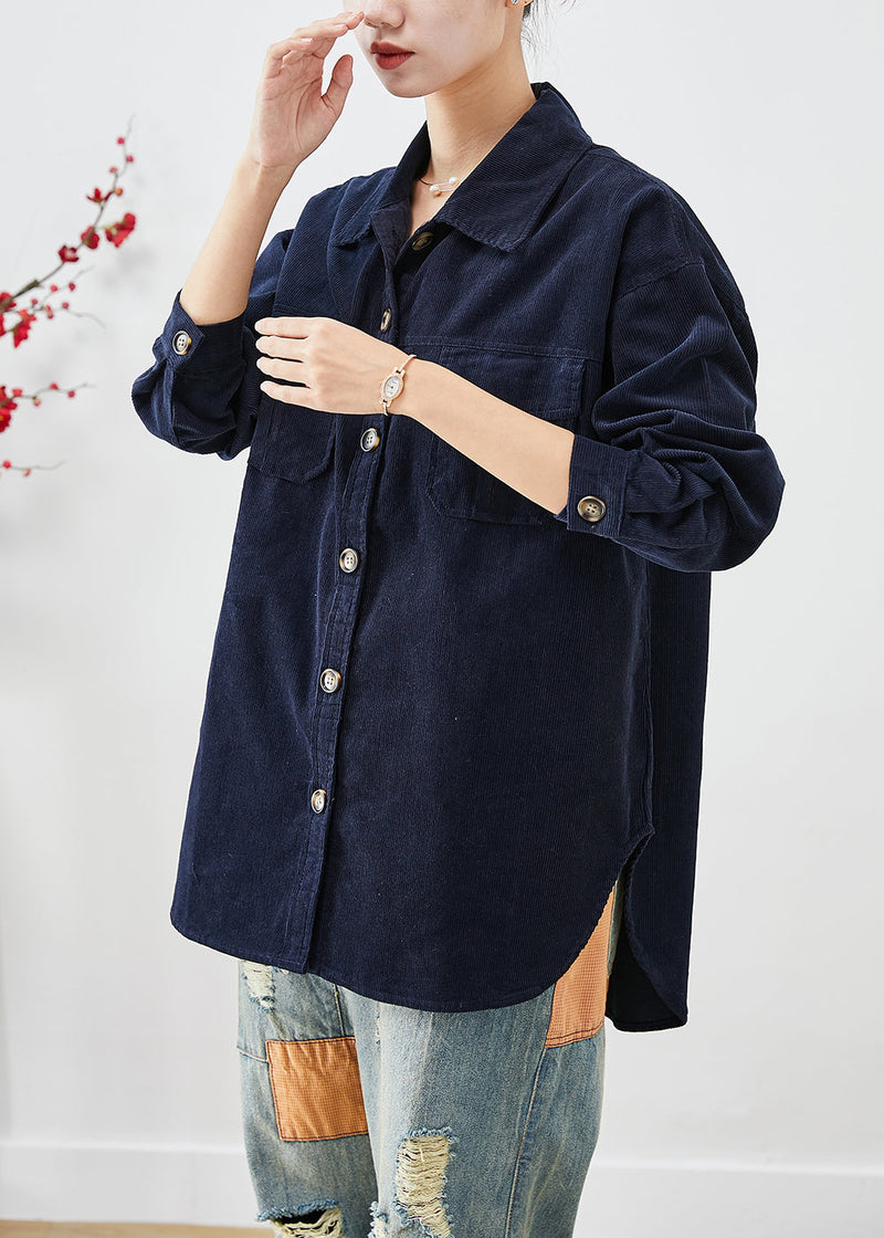 Navy Oversized Pockets Corduroy Coats Fall