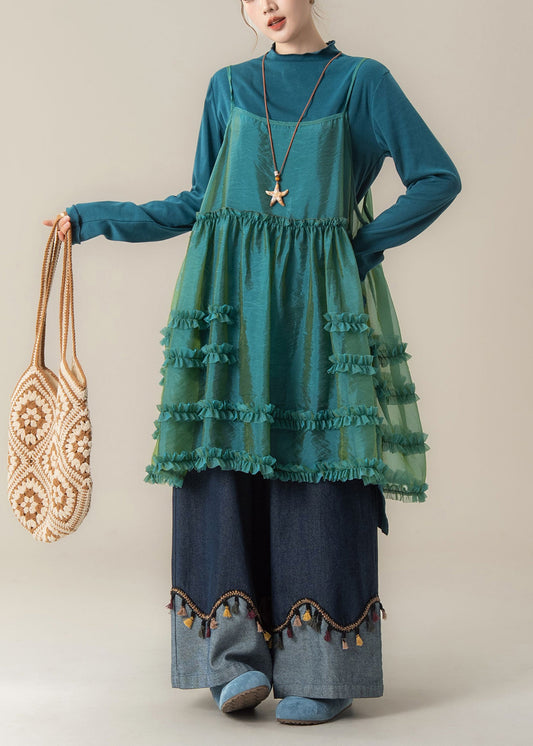 Blue Ruffled Spaghetti Strap Dress T Shirt and Pants Three Piece Suit Set Spring