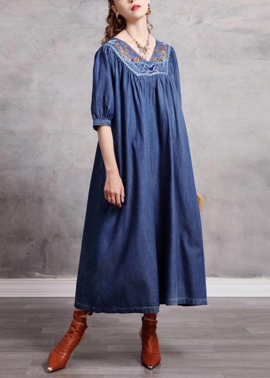 Blue V Neck Embroideried Exra Large Hem Cotton Vacation Dresses Half Sleeve