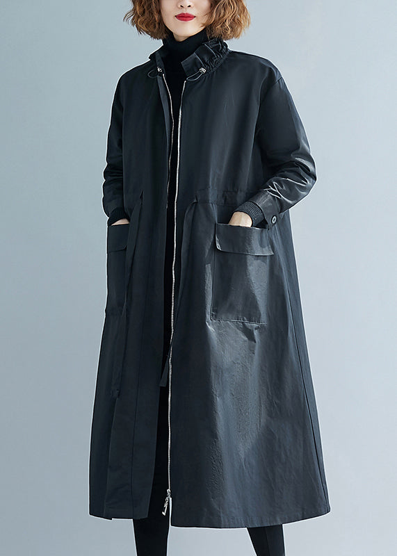 Black Ruffled Pockets Patchwork Cotton Trench Coats Fall