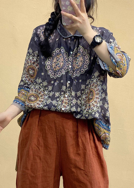 Peter Pan Collar Print Button Linen Shirt Tops Long Sleeve