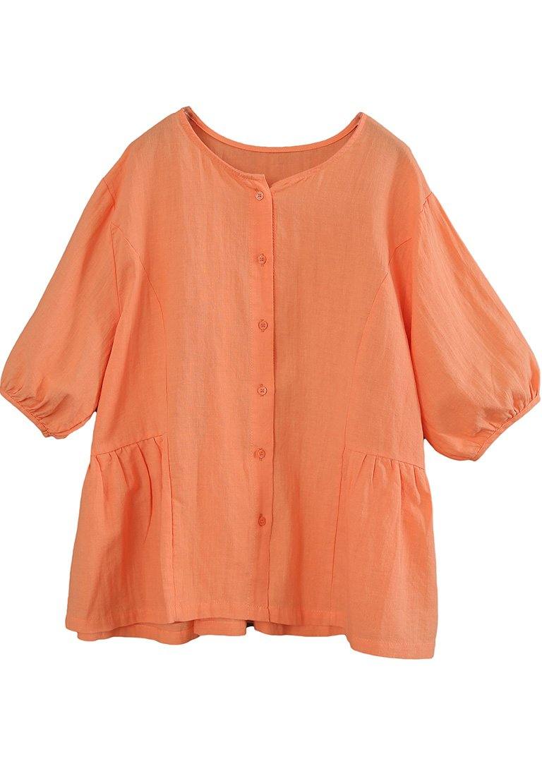Orange Cinched Lantern Sleeve Linen Summer Blouses