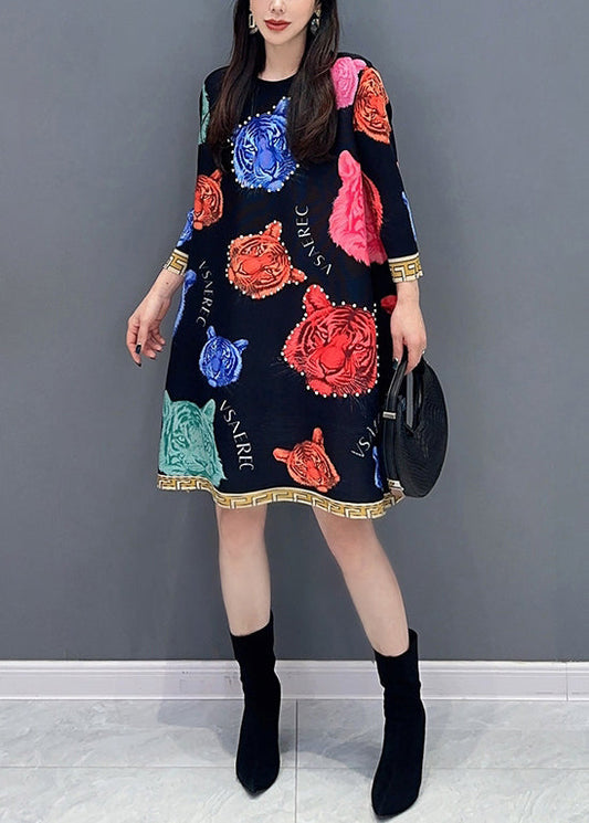 Black O Neck Print Cotton Mid Dress Spring