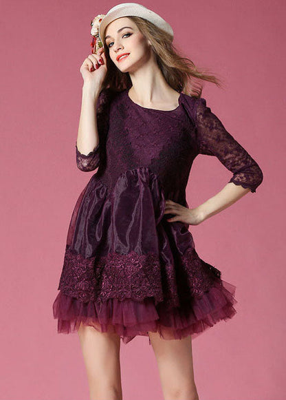 Dark Purple Embroideried Lace Patchwork Organza Mini Dresses Summer