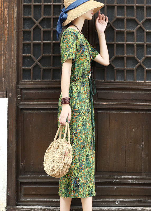 Green Square Collar Tie Waist Patchwork Fake Two Piece Dresses Short Sleeve