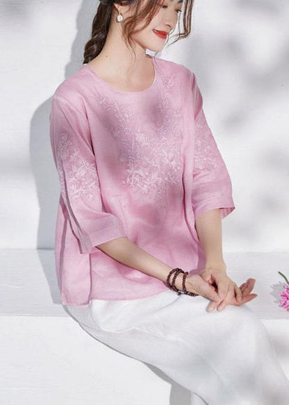 Art Pink O-neck Embroideried Patchwork Summer Ramie Shirt Top Half Sleeve