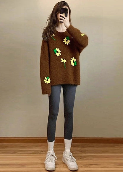 Unique Brown Oversized Lace Knit Sweater Tops Winter