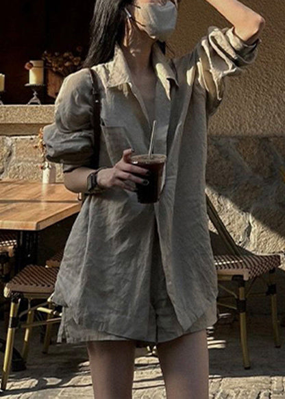 Loose Khaki Pockets Shirt and Shorts Cotton Two Pieces Set Summer