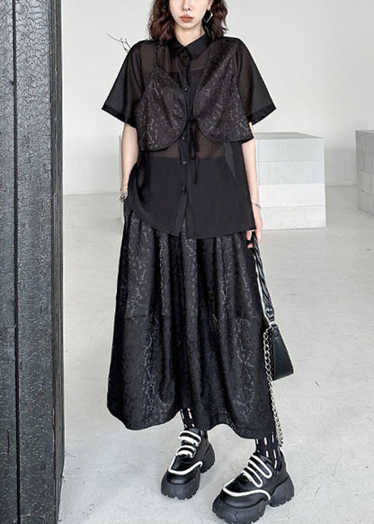 Black Jacquard Lace Up Patchwork Silk Cotton Two Piece Set Summer