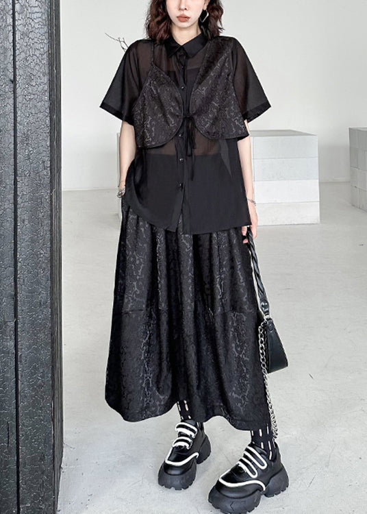 Black Jacquard Lace Up Patchwork Silk Cotton Two Piece Set Summer