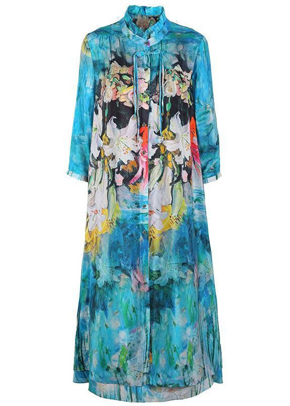 Blue O-neck Tasseled Print Silk Two Piece Set Outfits Summer