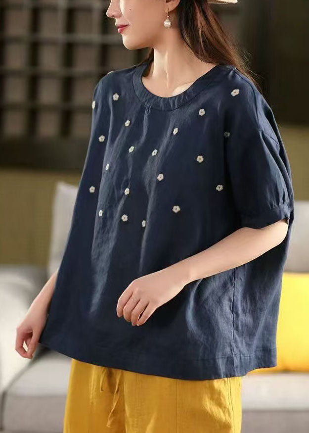 White O-neck Embroideried Linen Tops Summer