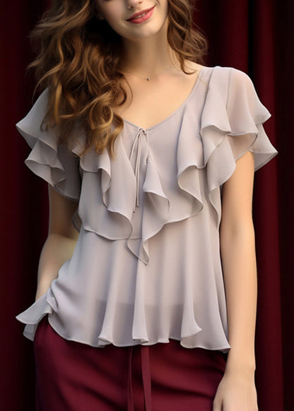 Grey Ruffled Patchwork Chiffon Blouses Summer