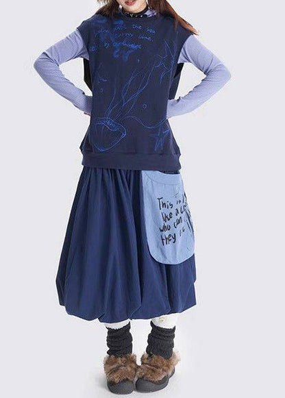 Art Navy Exra Large Hem Patchwork Pocket Cotton Skirts Spring