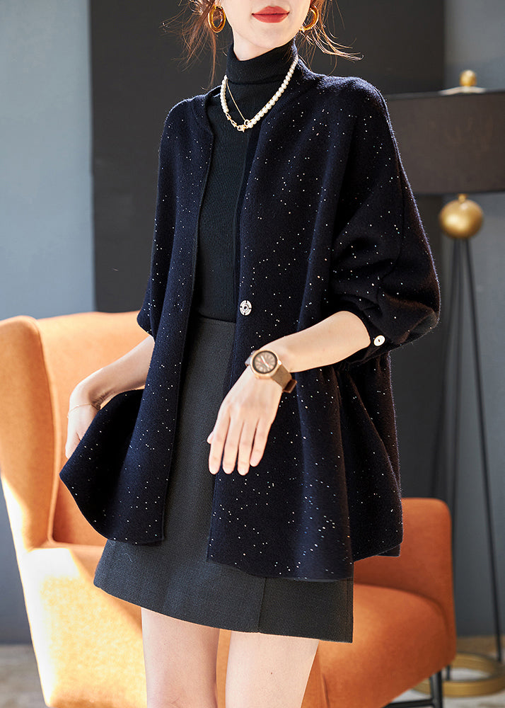 Black Cinched Sequins Knit Loose Coat Winter