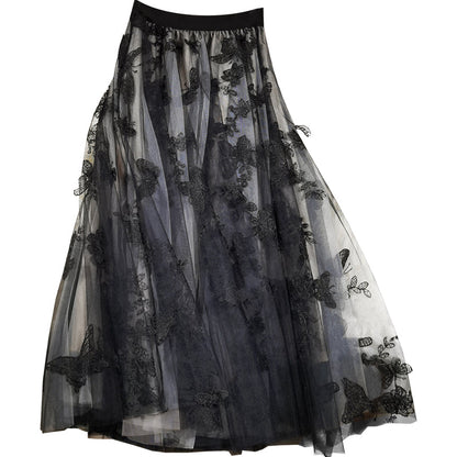 Black Embroideried Butterfly Tulle High Waist Summer Skirts