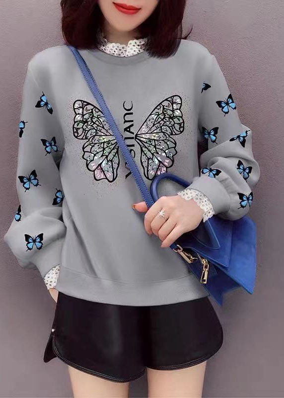 Grey Lace Patchwork Print Fall Sweatshirt Street Wear