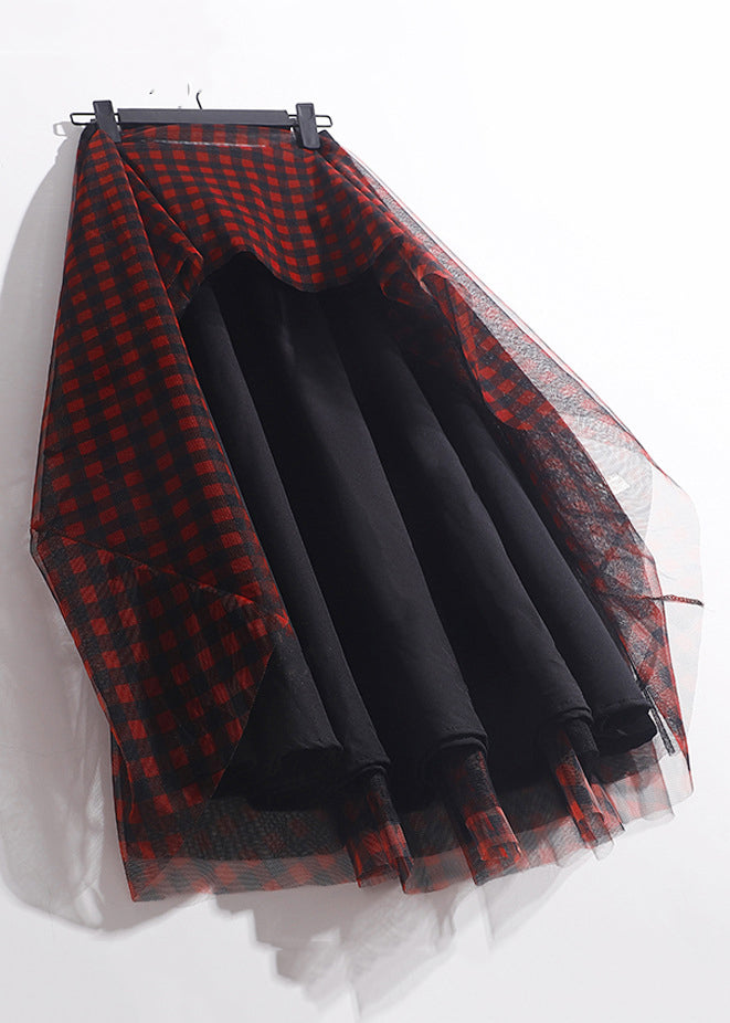 Red Print Tulle a Line Skirts Elastic Waist