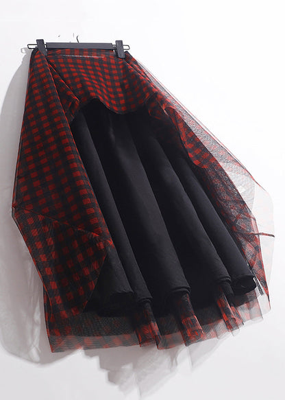 Red Print Tulle a Line Skirts Elastic Waist