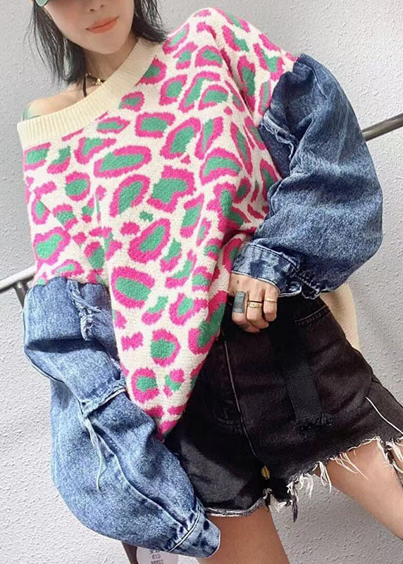 Pink Loose O-neck Patchwork Fall Leopard Knitwear Coat