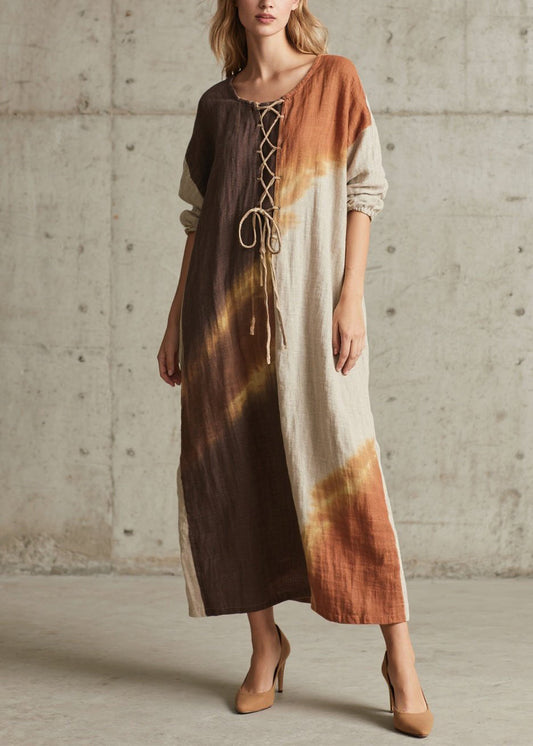 Colorblock O Neck Lace Up Cotton Long Dress Fall