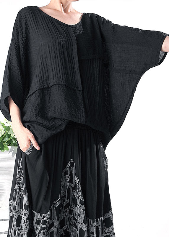 Black O-neck Wrinkled Blouses Half Sleeve
