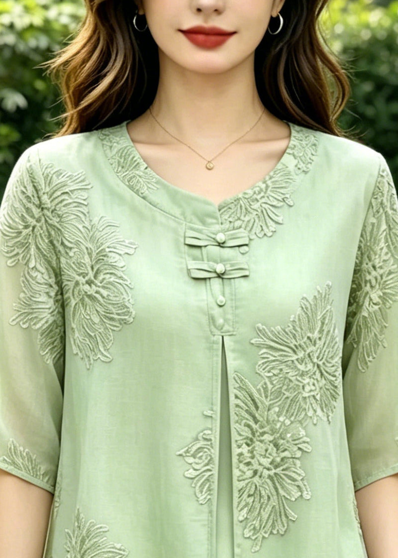Green Embroidered Silk Fake Two Piece Shirts Summer