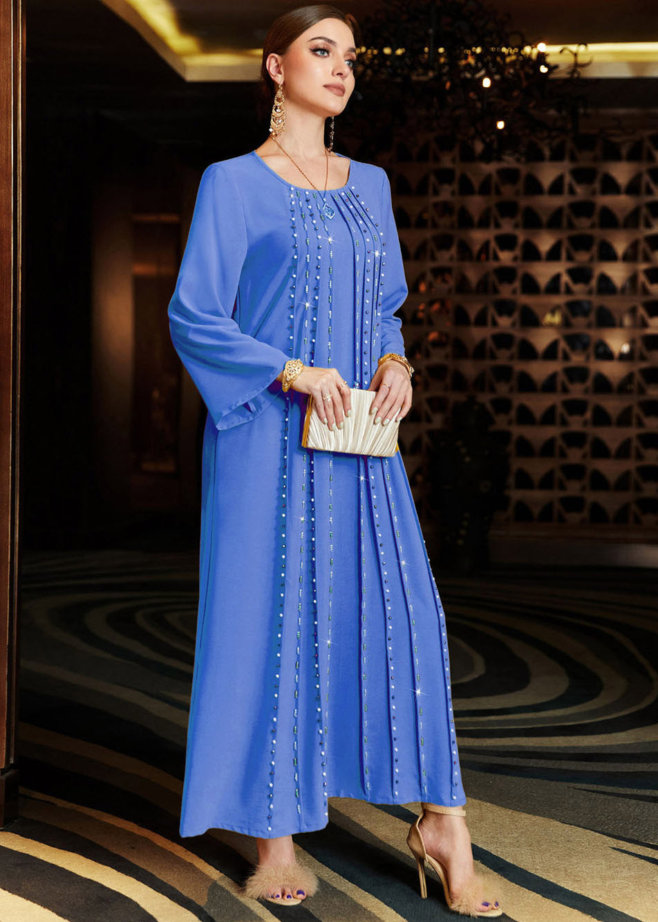 Blue Patchwork Nail Bead Vacation Long Dresses Fall