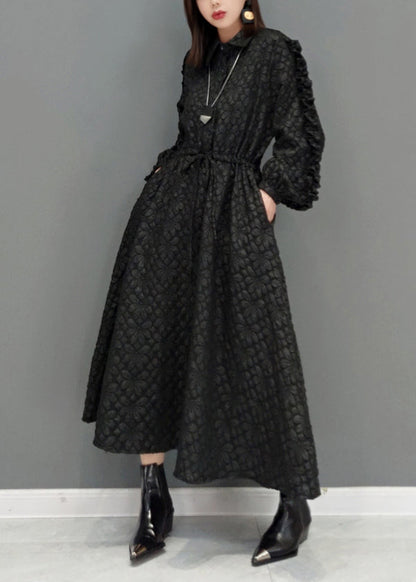 Black Ruffled Jacquard Patchwork Cotton Long Dress Fall