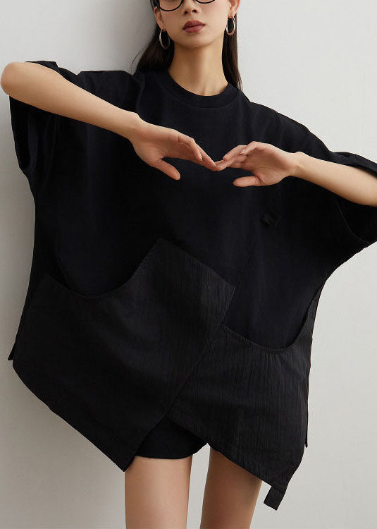Black O Neck Pockets Patchwork Cotton T Shirt Summer