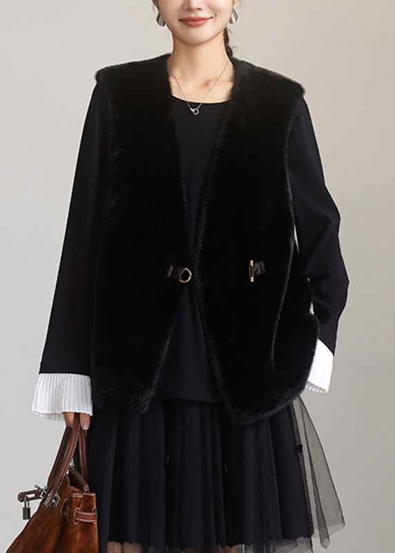 Brief Coffee V Neck Leather and Fur Waistcoat Spring