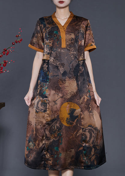 Brown Print Silm Fit Silk Long Dress Summer