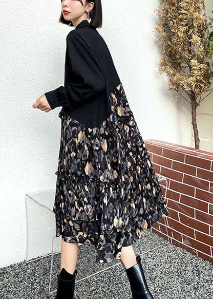 Classy Black Patchwork Button a Line Fall Long Sleeve Shirts Dress
