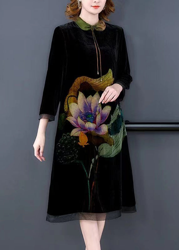 Green Tasseled Lotus Print Silk Velour Dress Bracelet Sleeve