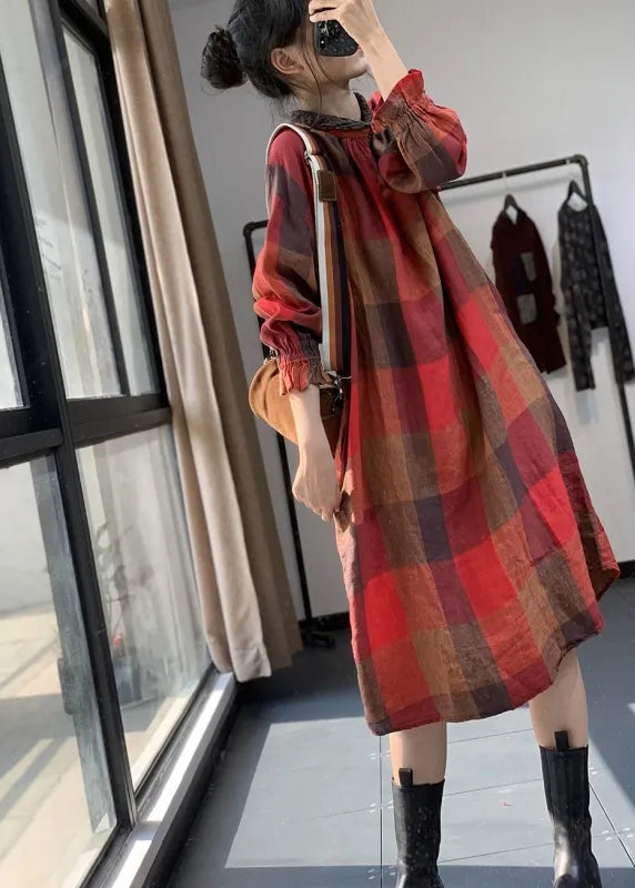 Red Plaid Patchwork Cotton Dresses Fall