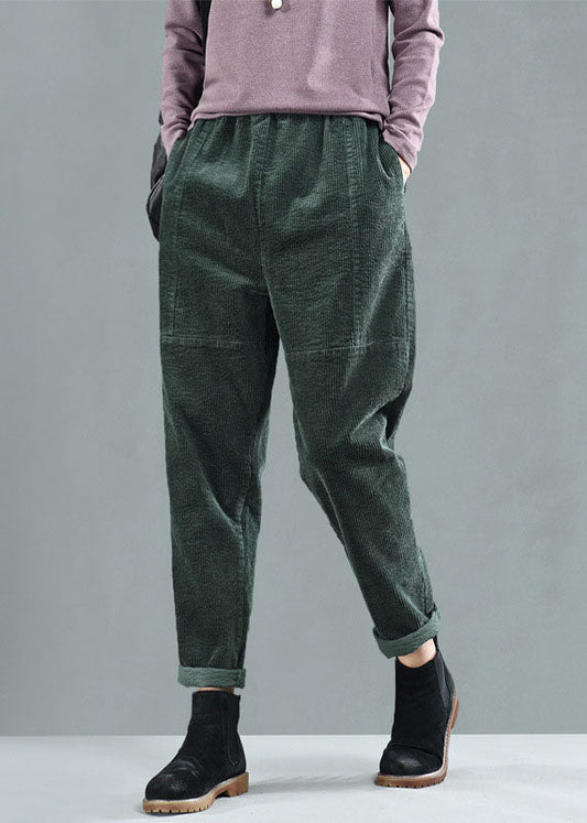 Green Elastic Waist Patchwork Corduroy Harem Pants Fall