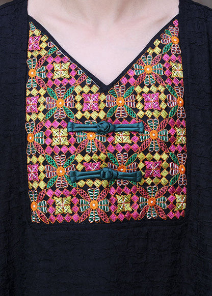 Black V Neck Embroideried Patchwork Wrinkled Silk Dresses Long Sleeve