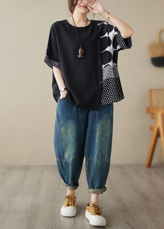 Black O Neck Print Patchwork Cotton T Shirt Tops Summer