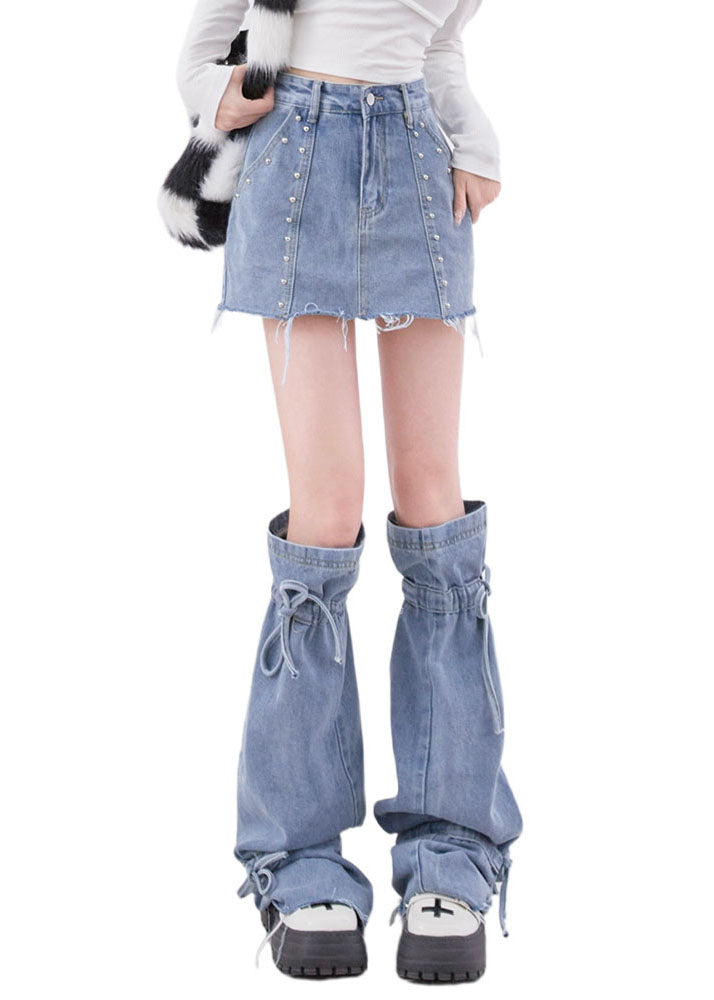 New American Style Denim Short Skirt Leg Two-piece Set