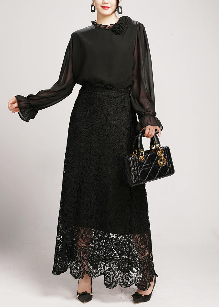 Black Lace Shirts and Maxi Skirts Two Pieces Set V Neck Long Sleeve