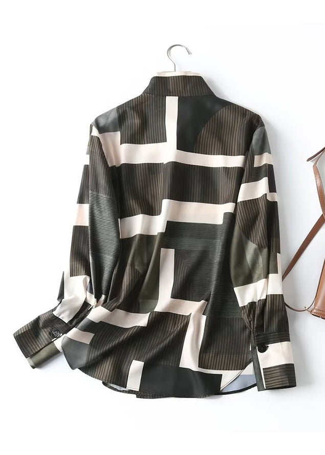 Dark Green Stand Collar Striped Patchwork Shirt Long Sleeve
